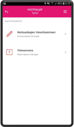 Tieto Edu -mobiilisovelluksen Hoitoaika-toiminnon vaihtoehdot