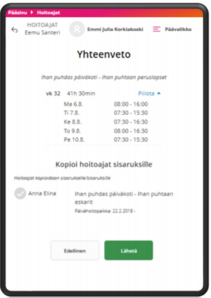 Tieto Edu -mobiilisovelluksen hoitoaikojen yhteenvedon näkymä