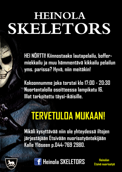 Kuvassa mainos Heinola Skeletors-pelikerhosta. Kerho kokoontuu joka torstai kello 17-20 Lampikatu 16. Lisätietoja saa Kalle Ylöseltä puhelinnumero 044 7692980