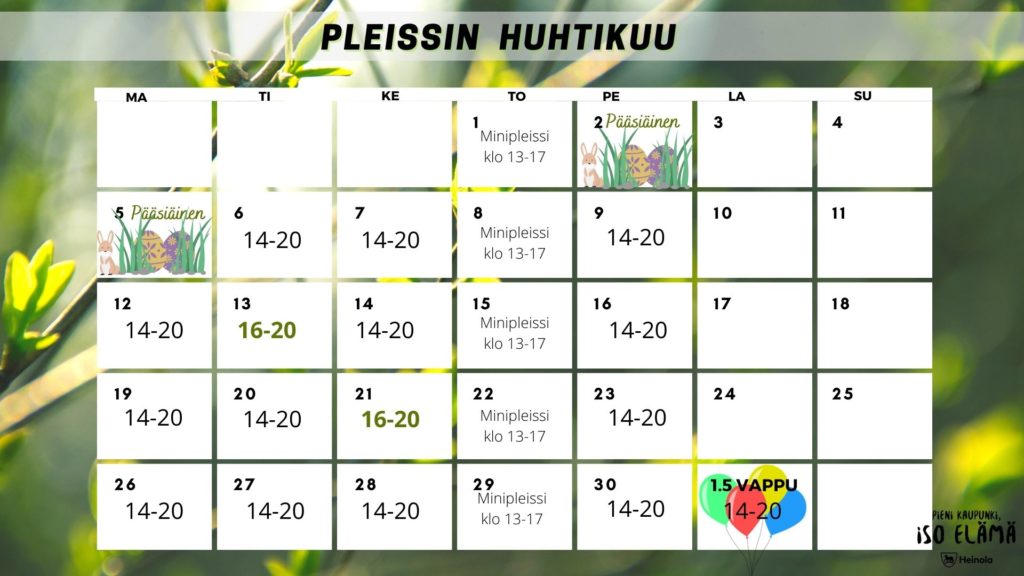 Kuvassa Pleissin huhtikuun aukiolot. Olemme avoinna normaalisti ma ti ke ja pe (13-17v) klo 14-20 ja torstaisin 13-17 3-6 luokkalaisille. Poikkeuksina 13.4 ja 21.4 klo 16-20. Olemme avoinna vappuna 1.5 14-20