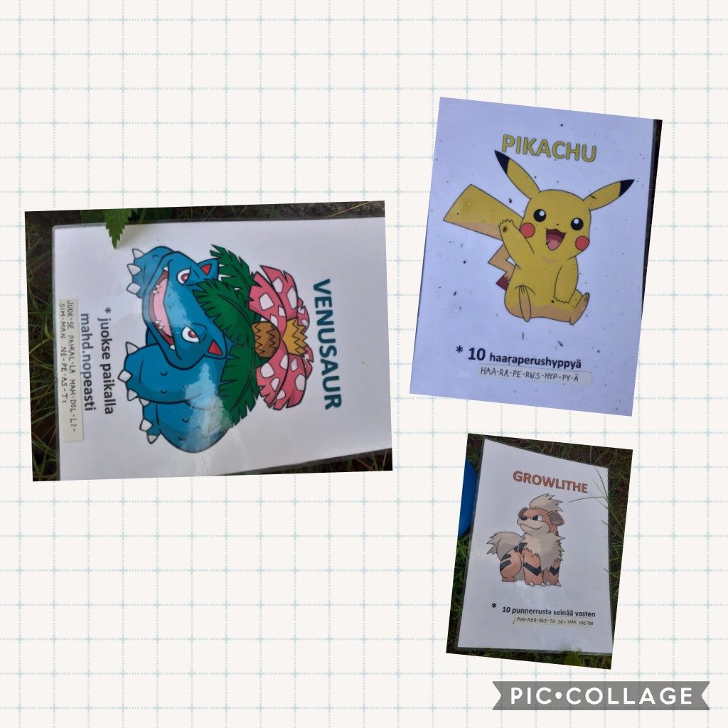 Kuvassa Pokemon-kortteja, joihin kirjoitettu liikuntatehtäviä