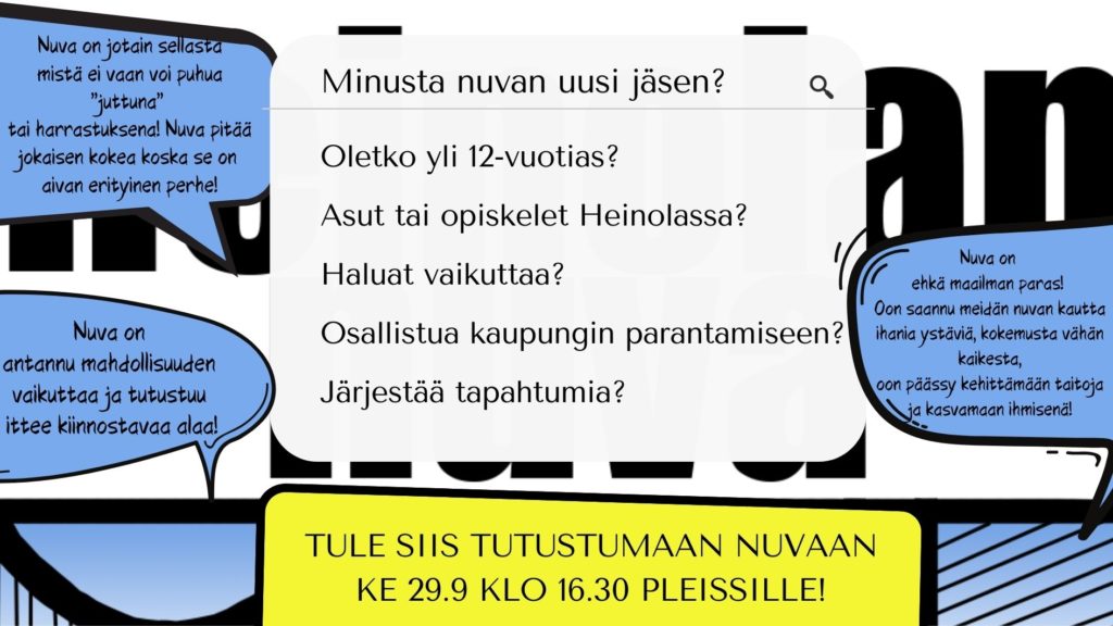 Kuvassa nuorisovaltuuston mainos jossa kehoitetaan tulemaan tutustumaan nuorisovaltuustoon 29.9 pleissille