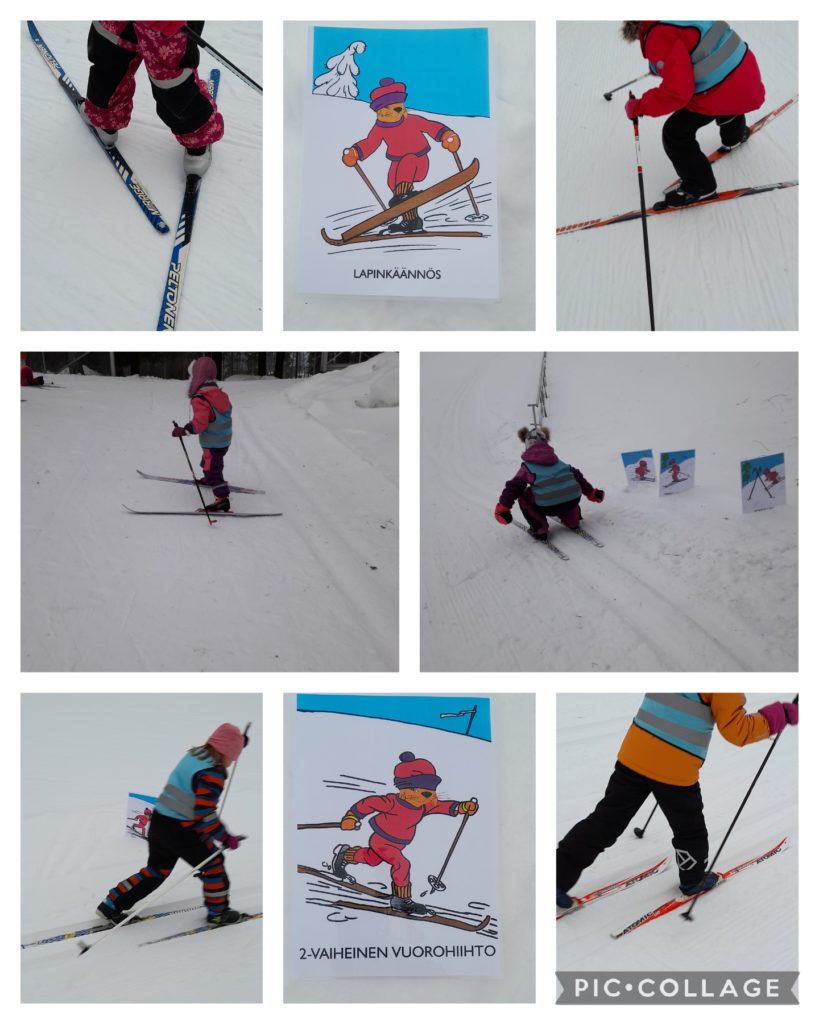 Kuvassa lapset hiihtävät hiihtokuvista mallia katsoen