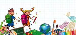 Kaksi koululaista ja koulutarvikkeita