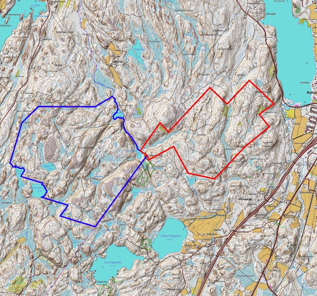 Kuvassa Asikkalan ja Heinolan välinen kartta, josta näkyy tuulivoiman aiottu sijoituspaikka