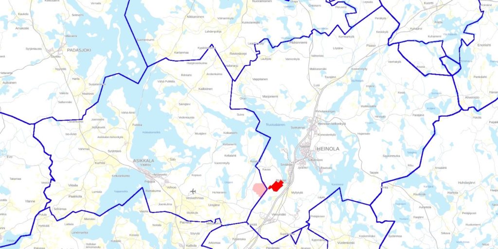 Kuvassa Asikkalan ja Heinolan välinen kartta, josta näkyy tuulivoiman aiottu sijoituspaikka