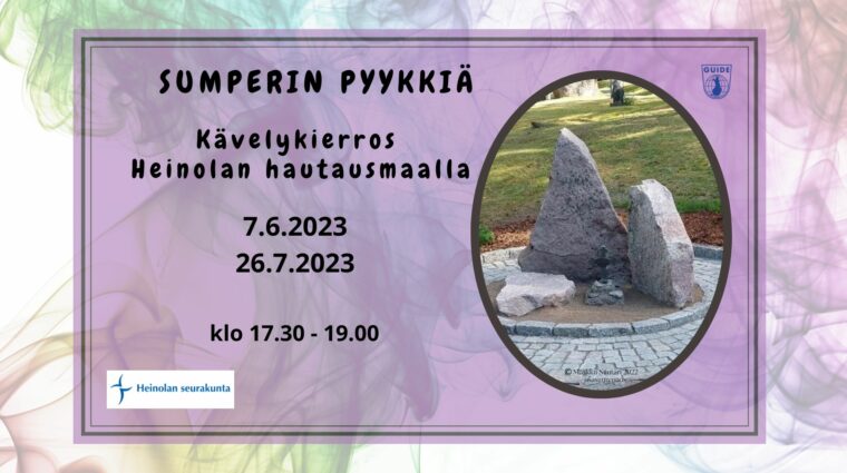 Sumperin pyykkiä. Kävelykierros Heinolan hautausmaalla 7.6. ja 26.7. kello 17.30 - 19.00. Kuvassa on tyhjän sylin muistomerkki, jossa on pystyssä kaksi kolmion muotoista kiveä ja kolmas kivi makaa hiekkapohjalla. Pystyssä olevien kivien edessä on pieni rautainen hautaristi. Hiekka-alustaan on upotettu kiviä pyöreään muotoon.