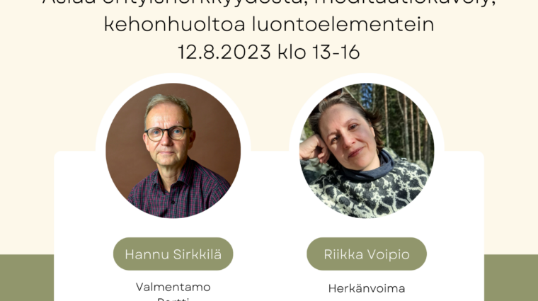 Työpaja luonnosta voimaa erityisherkille -tapahtuman juliste, jossa kasvokuvat työpajan vetäjistä.