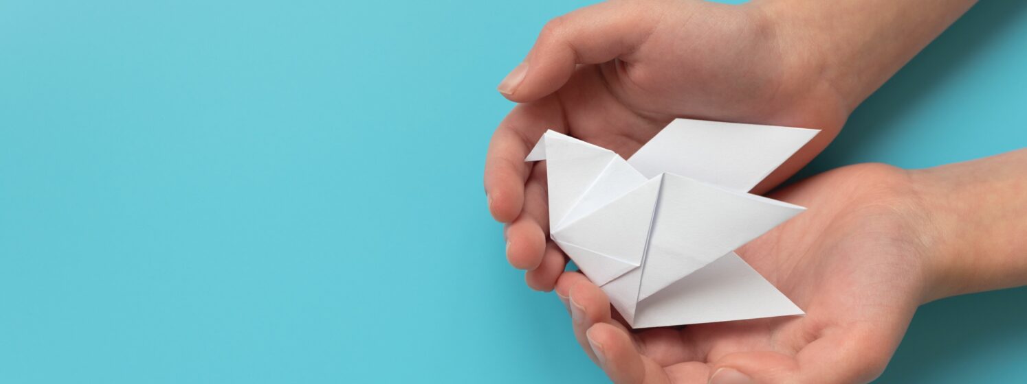 Valkoinen origamikyyhkynen lapsen käsissä