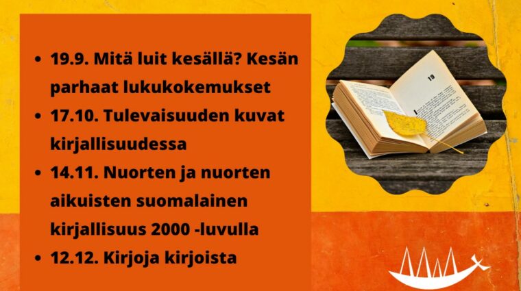 Kuvassa syksyn lukupiirin aikataulu. Aikataulu on kirjoitettu auki tekstiin.