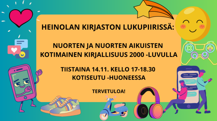 Kirjaston lukupiiriä mainostava erittäin värikäs kuva. Kuvassa on piirrettyjä hahmoja ja symboleja nuorisokulttuurista kuten kännyklitä, somea, lenkkareita ja pelejä.