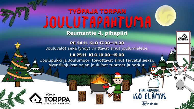 Kuvassa näkyy öinen tausta, missä kuu loistaa taivaalla, tonttu istuu nuotion äärellä, lumiukko on hämmentynyt ja pitää harjaa kädessä. Aasi kurkistaa sekä joulukuusi on valmis. Maisema on luminen ja revontulia näkyy taivaalla.