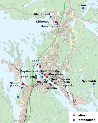 Venepaikkakartta laituri- ja soutuvenepaikoista. Laituripaikkoja on merkitty Sinilähteelle, Jyränköön, Tähtiniemeen, keskustaan, Kananniitynlahteen, Tommolaan sekä Kirkonpohjaan. 
Soutuvenepakkoja on merkitty Möljänpuistoon, Kananniitynlahteen, Tommolaan, Hiidenpuistoon, Jyränköön, telakkarantaan, Sepänniemeen, Tähtiniemeen, Sinilähteelle, Syvälahteen, Pirttiniemeen, Saharantaan, Kirkonpohjaan ja Kuoppaniemeen.
