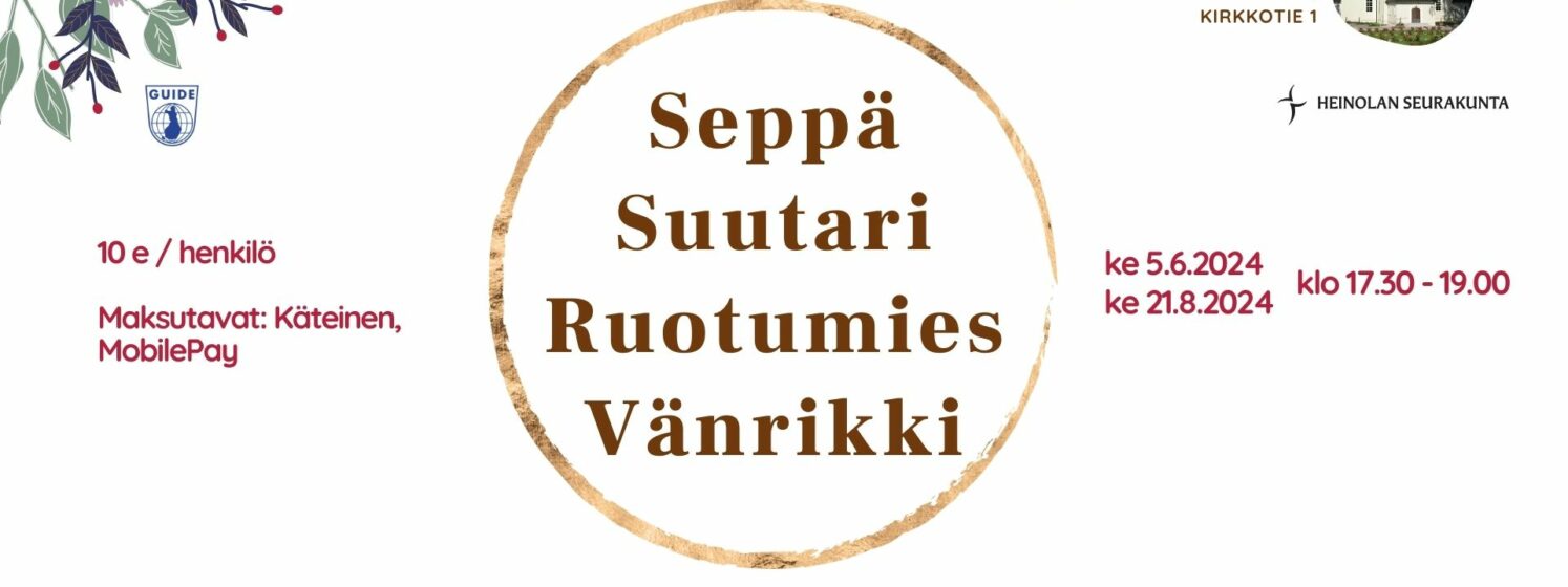 Tekstissä lukee: Hautausmaakävely Seppä, suutari, ruotumies, vänrikki. Mitä tekee Ornaasi? Miksi tapulinrakentaja suuttui? Kuka jäätyi tallukoissaan kiinni kaivolle? Heinolan kirkonkylässä. 5.6. ja 21.8. kello 17.30 - 19. Hinta 10 euroa henkilöltä, maksutapoina käteinen ja mobilepay. Oppaana Tuija Kauppi, puhelin 044 288 2628.