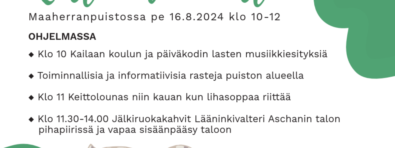 Ikäihmisten kulttuuripolun Puistotapahtuma pe 16.8.2024 klo 10-12 Maaherranpuistossa