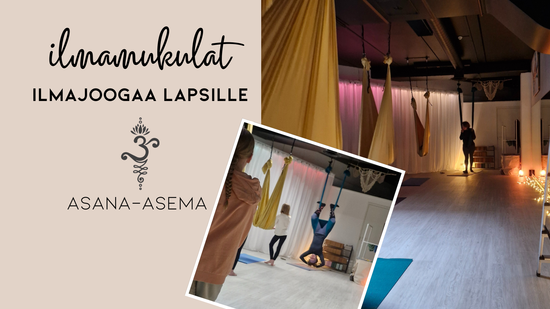 Joogaopettaja ohjaamassa lasten ilmajoogatuntia