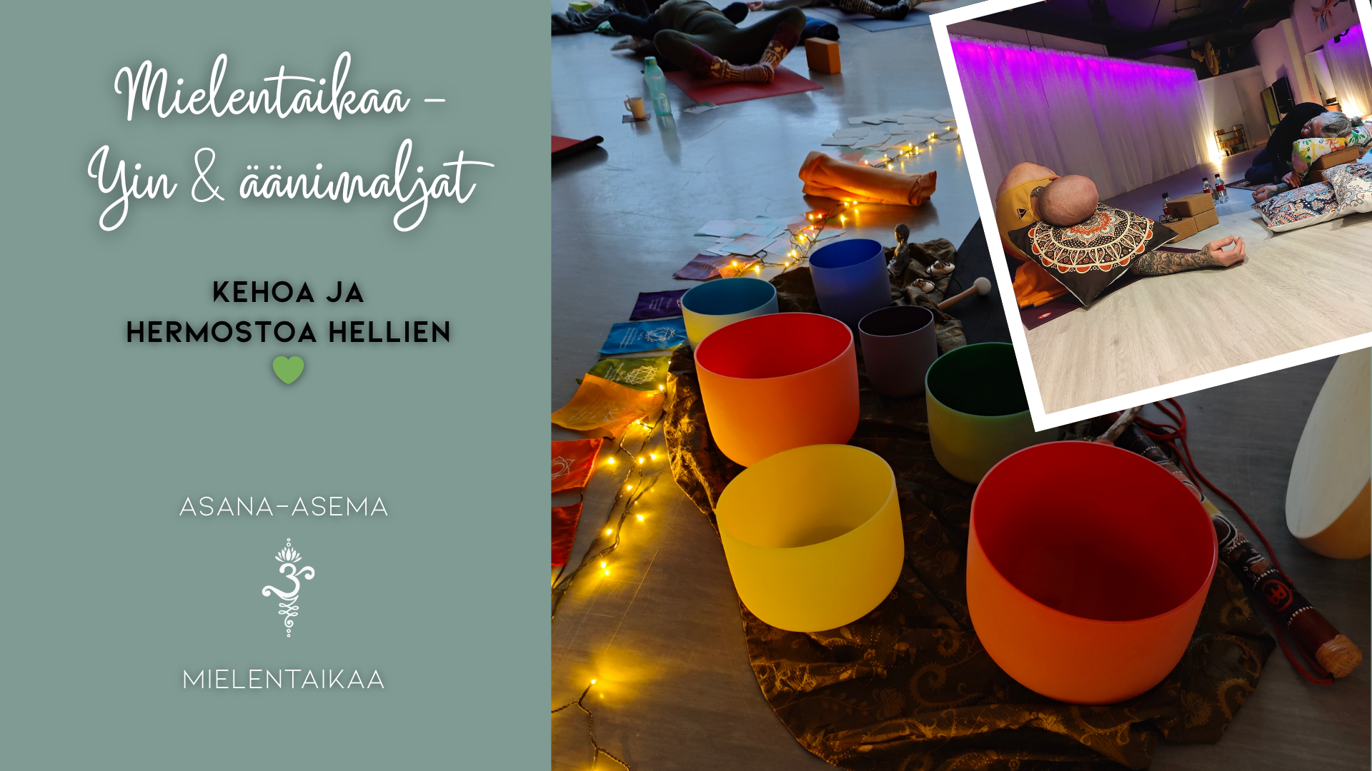 Kuvassa äänimaljoja ja henkilöitä joogan syvävenyttävissä asennoissa.