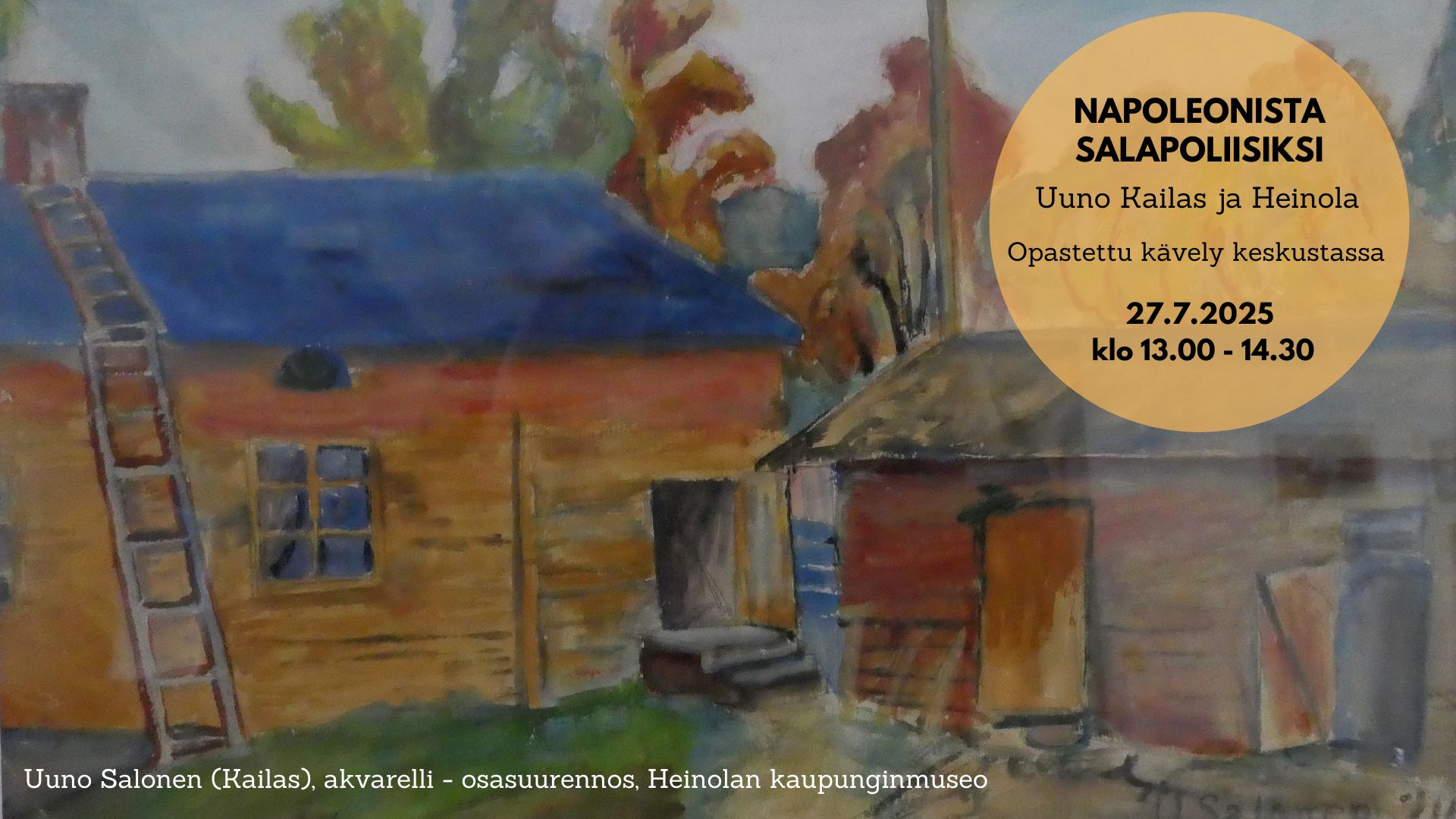 Akvarellikuvassa kaksi vanhaa puurakennusta: okrankeltainen sinikattoinen asuinrakennus ja rusehtava vaja.