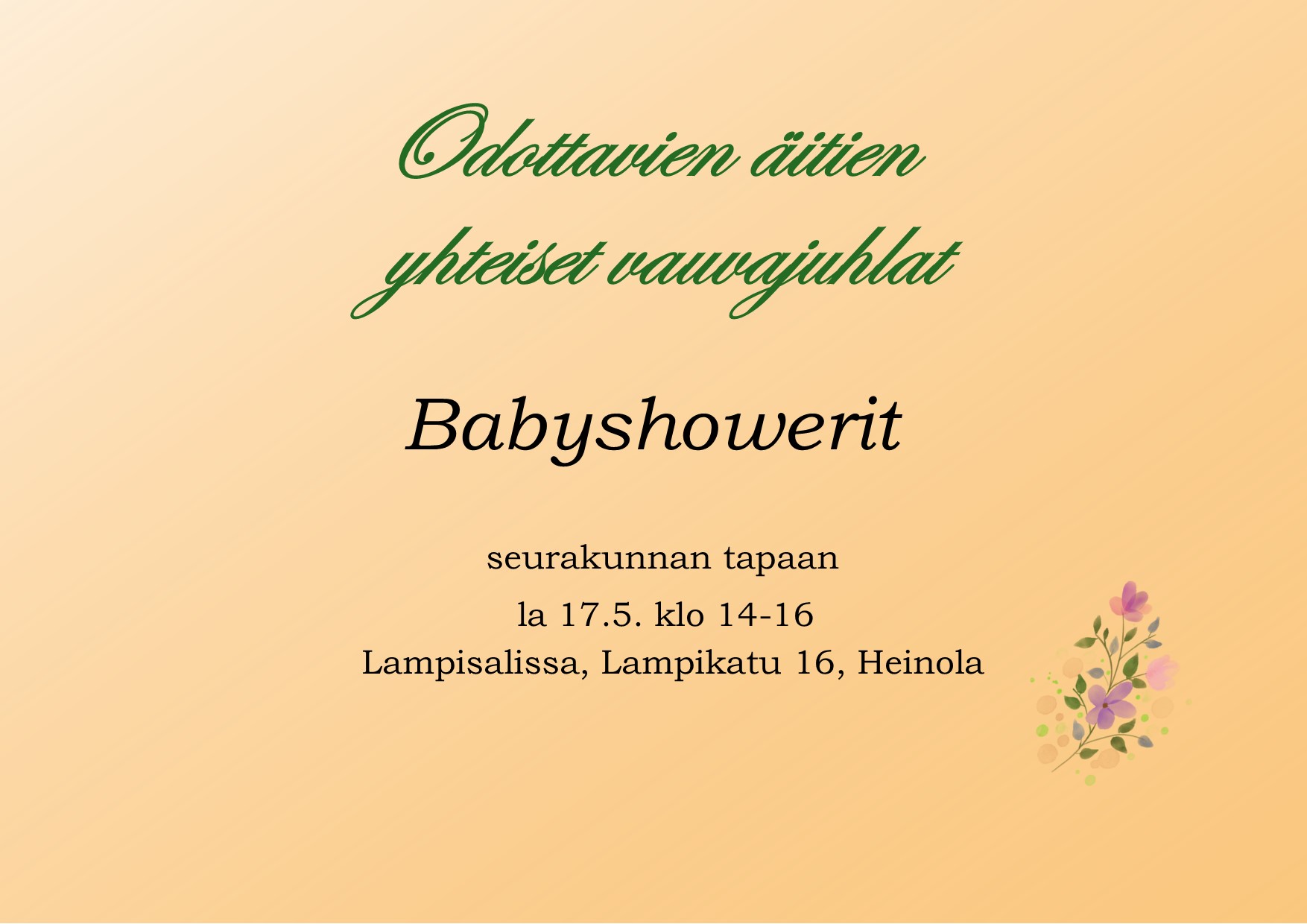 Odottavien äitien yhteiset vauvajuhlat Lampisalissa lauantaina 17.5. klo 14-16.