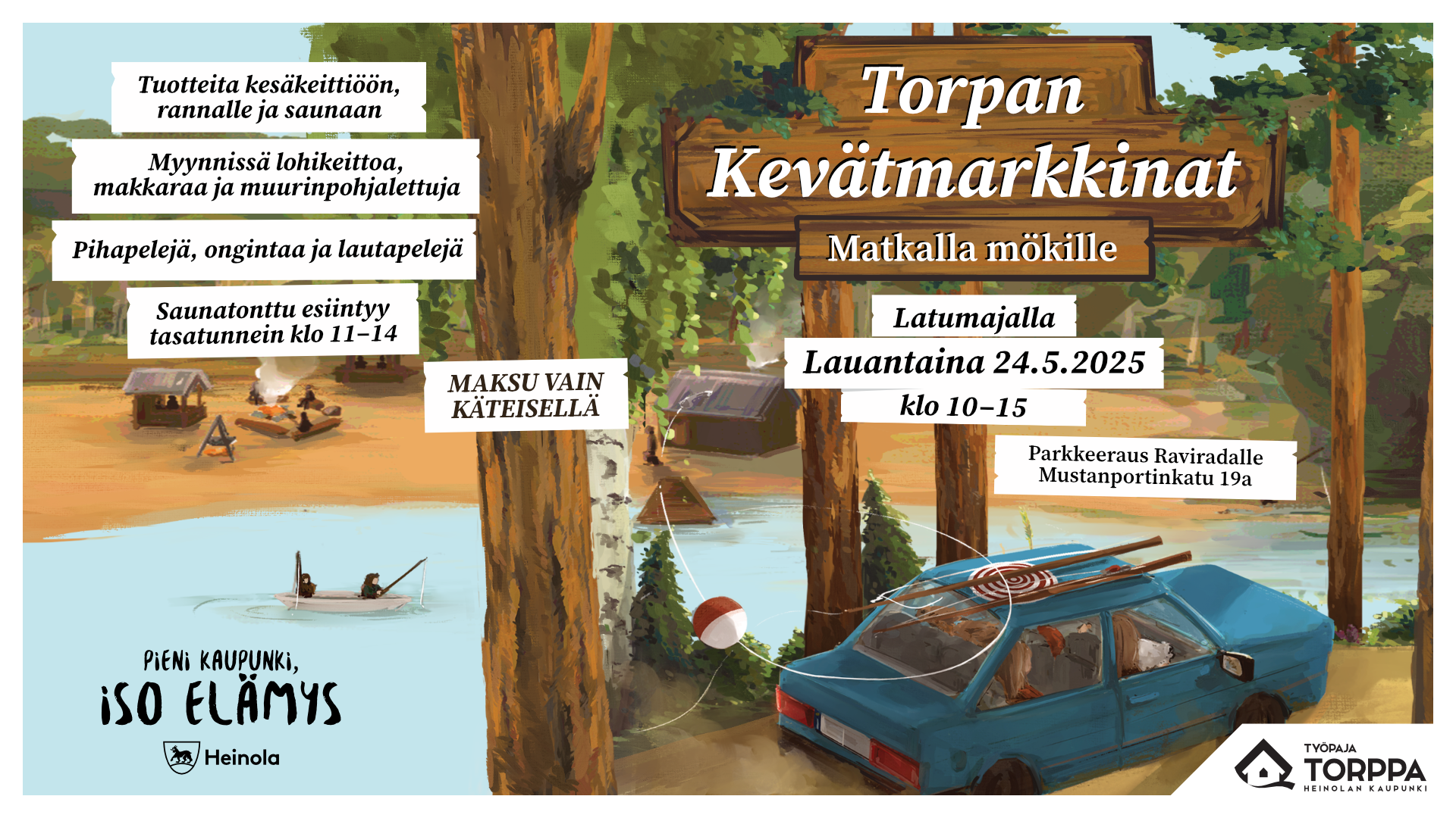 Kuvassa on sininen auto virveleiden kera valmiina mökkeilemään. Taustalla näkyy nuotiolla grillaavia ihmisiä ja soutuvene, missä on kaksi kalastajaa. Kuvan miljöönä on kesäinen mökkitie järvimaisemalla. Kuvassa tunnelma on rauhallinen, lukuun ottamatta auton moottorin ääntä.