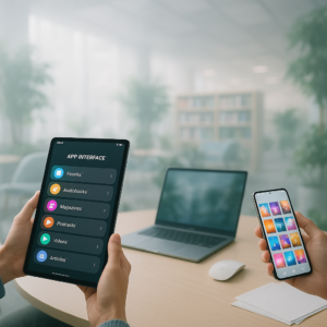 Tabletti ja älypuhelin henkilöiden käsissä, takana pöydällä kannettava tietokone, taustalla himmettynä viherkasveja ja kirjahylly.