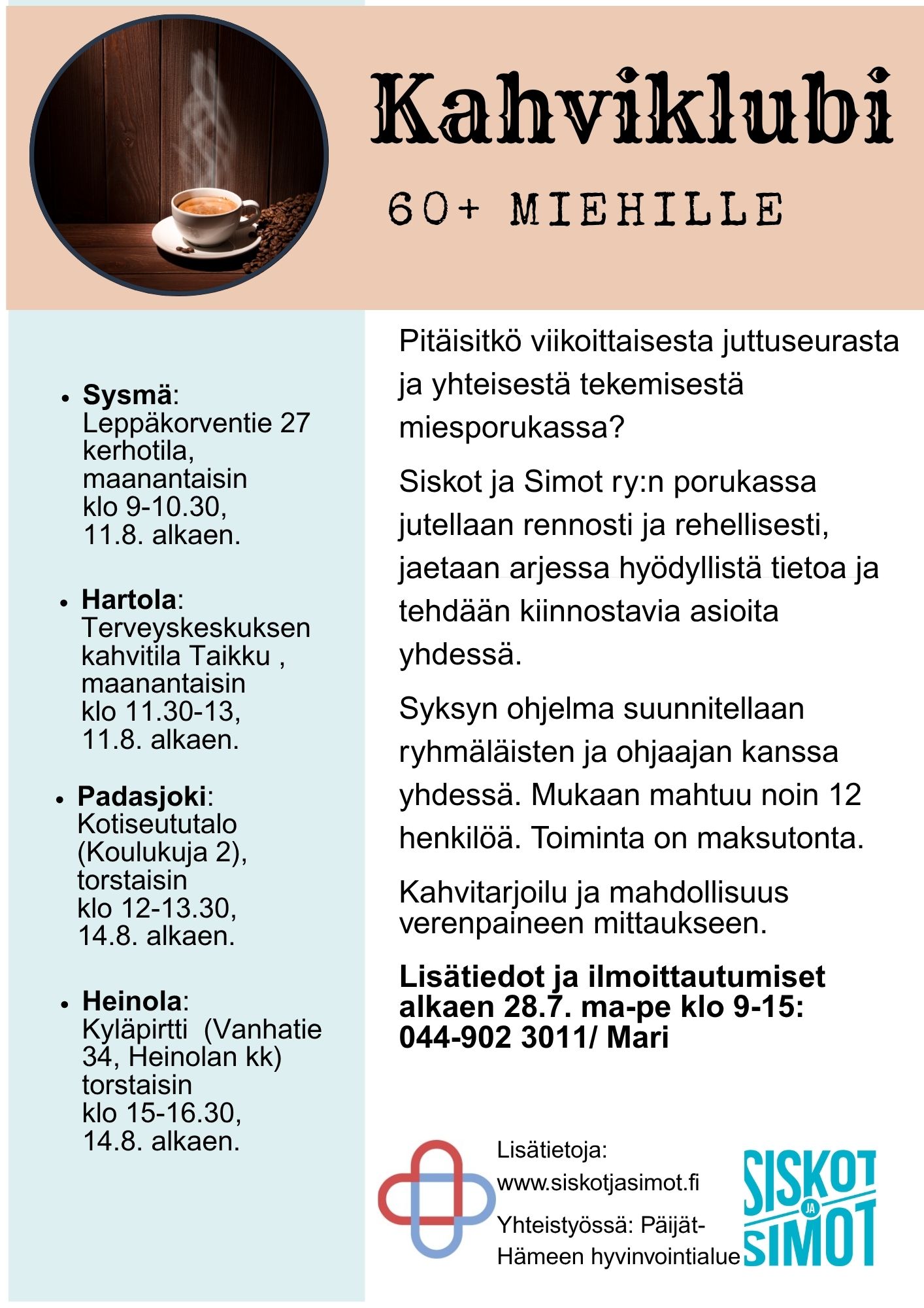 Kahviklubi 60+ miehille Heinolan kirkonkylän Kyläpirtillä torstaisin klo 15-16.30, 14.8. alkaen.