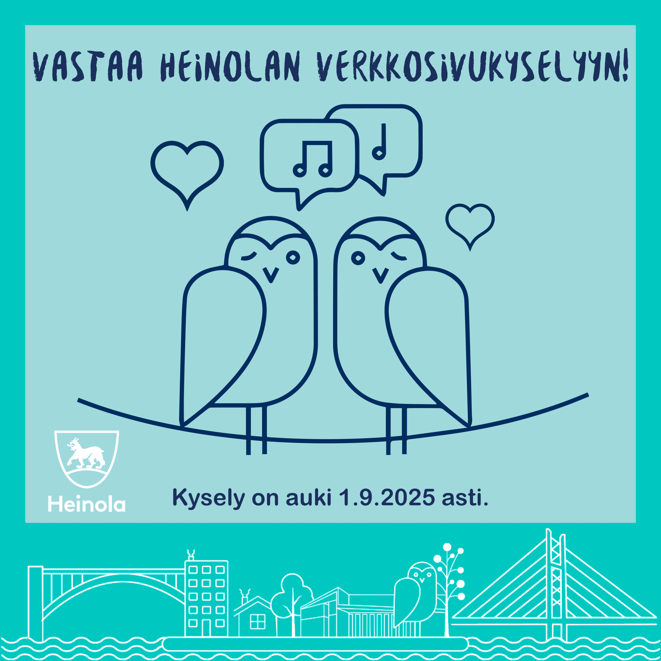 Kuvassa on kaksi pöllöä. Kuvassa lukee: Vastaa Heinolan verkkosivukyselyyn. Kysely on auki 1.9.2025 asti.