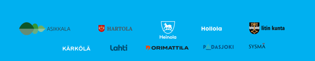 Hankkeessa mukana olevien kaupunkien ja kuntien logot: Asikkala, Hartola, Heinola, Hollola, Iitin kunta, Kärkölä, Lahti, Orimattila, Padasjoki ja Sysmä