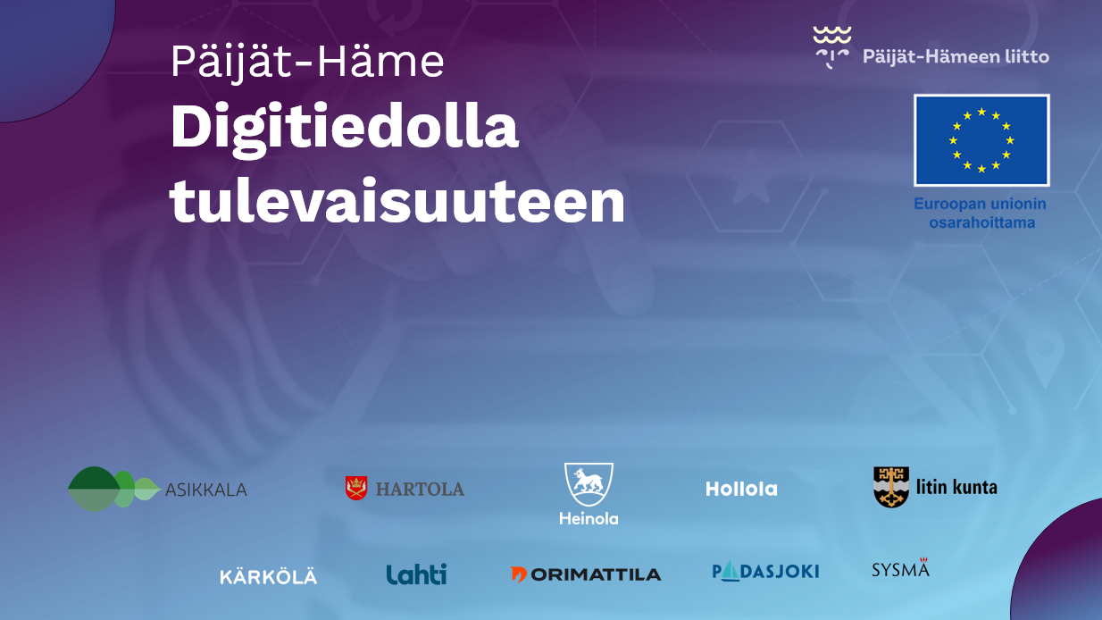 Digitiedolla tulevaisuuteen kansikuva, jossa mukana olevien kuntien ja kaupunkien logot