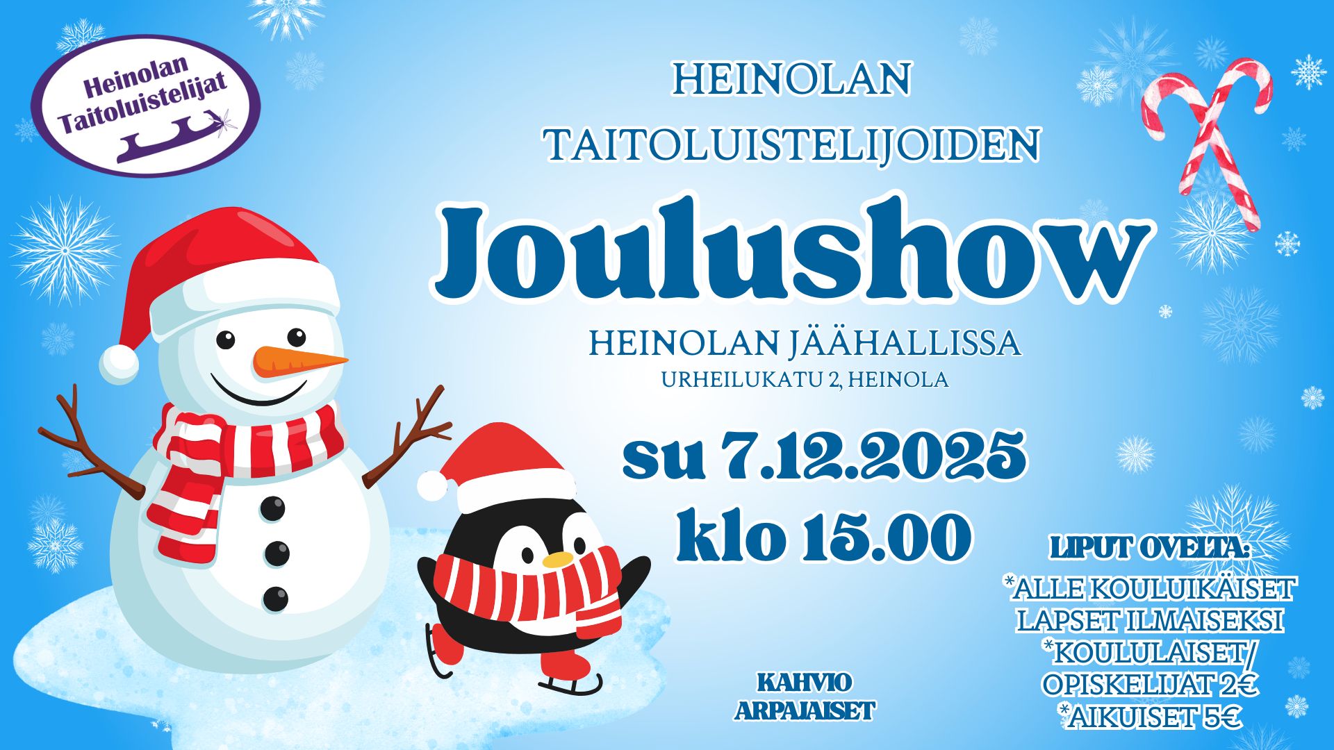 Heinolan Taitoluistelijoiden Joulushow Heinolan jäähallissa su 8.12.2025 klo 15.00