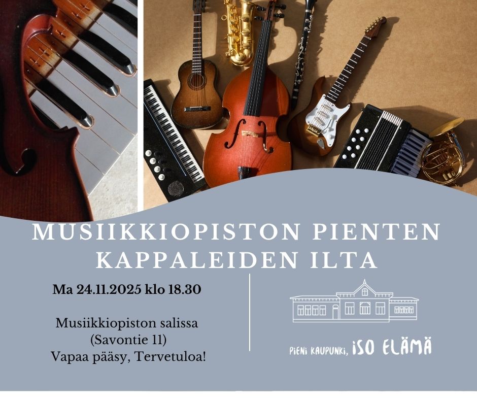 Heinolan musiikkiopiston pienten kappaleiden ilta maanantaina 24.11.2025 klo 18.30 alkaen Heinolan musiikkiopiston salissa. Tilaisuuteen on vapaa pääsy.