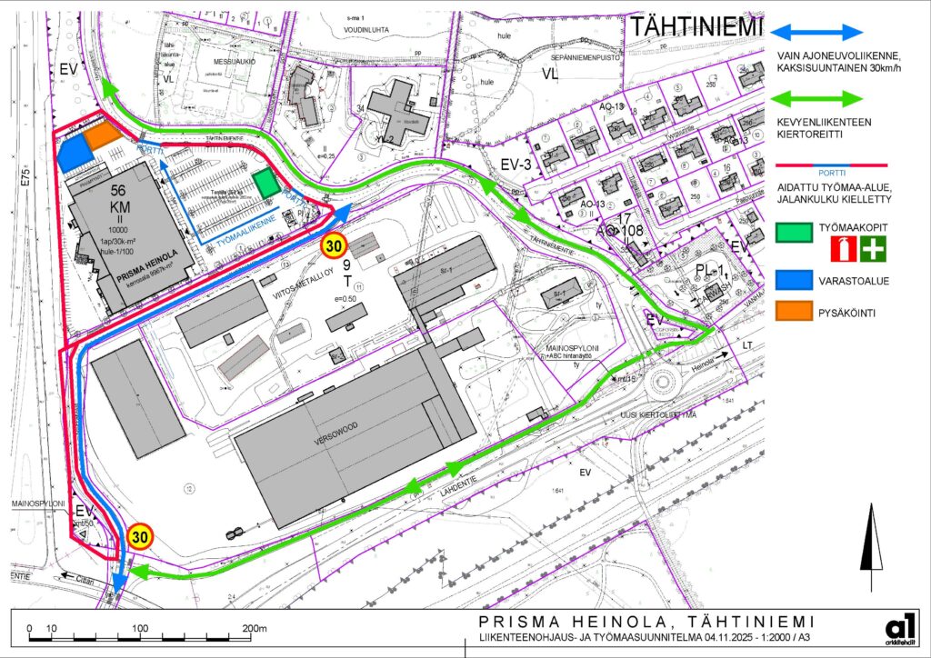 Kartta, josta käy ilmi Prisman rakentamisen aiheuttamat liikenteenohjauksen muutokset.