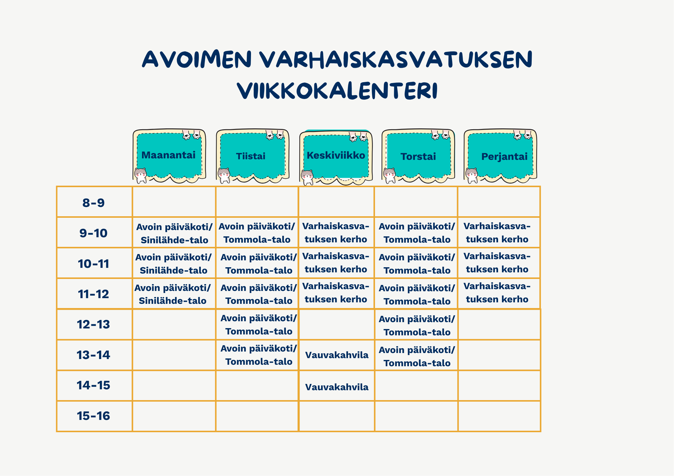 avoimen varhaiskasvatuksen viikkokalenteri
