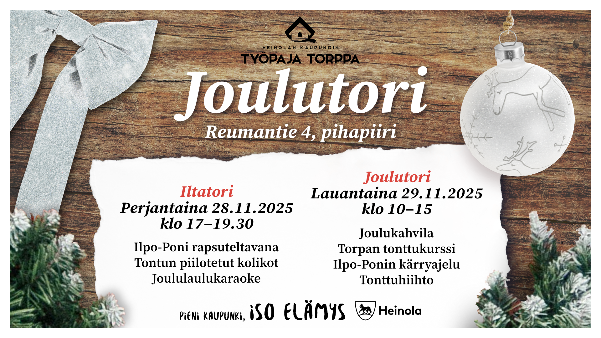 Jouluinen mainoskuva, jossa lukee tapahtuman tiedot.