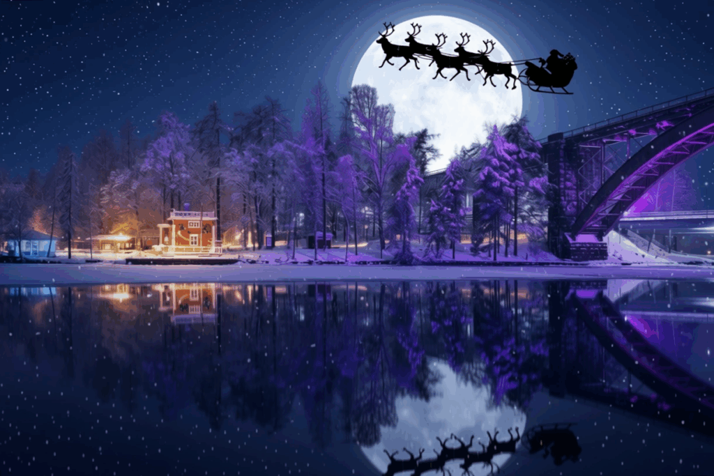joulupukki lentää poroineen rautatiesillan ja siltasaaren yllä