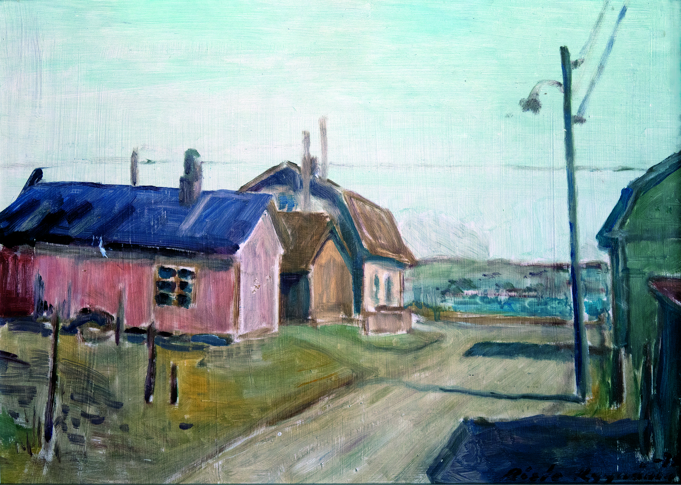 Maalaus kadusta, jonka varrella on vanhoja taloja. Oikealla valopylväs.