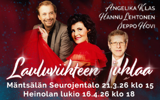 Loistavat taiteilijat Angelika Klas, Hannu Lehtonen ja Seppo Hovi tuovat Lauluviihteen juhlaa -konsertillaan iki-ihanat ja rakkaat laulut vuosikymmenten varrelta kuultavaksi Heinolan lukion saliin 16.4.2026 klo 18.00 alkaen. Liput ennakkoon: Lippu.fi ja ryhmät korhonen.piiu@gmail.com ja ovelta tuntia ennen konserttia.