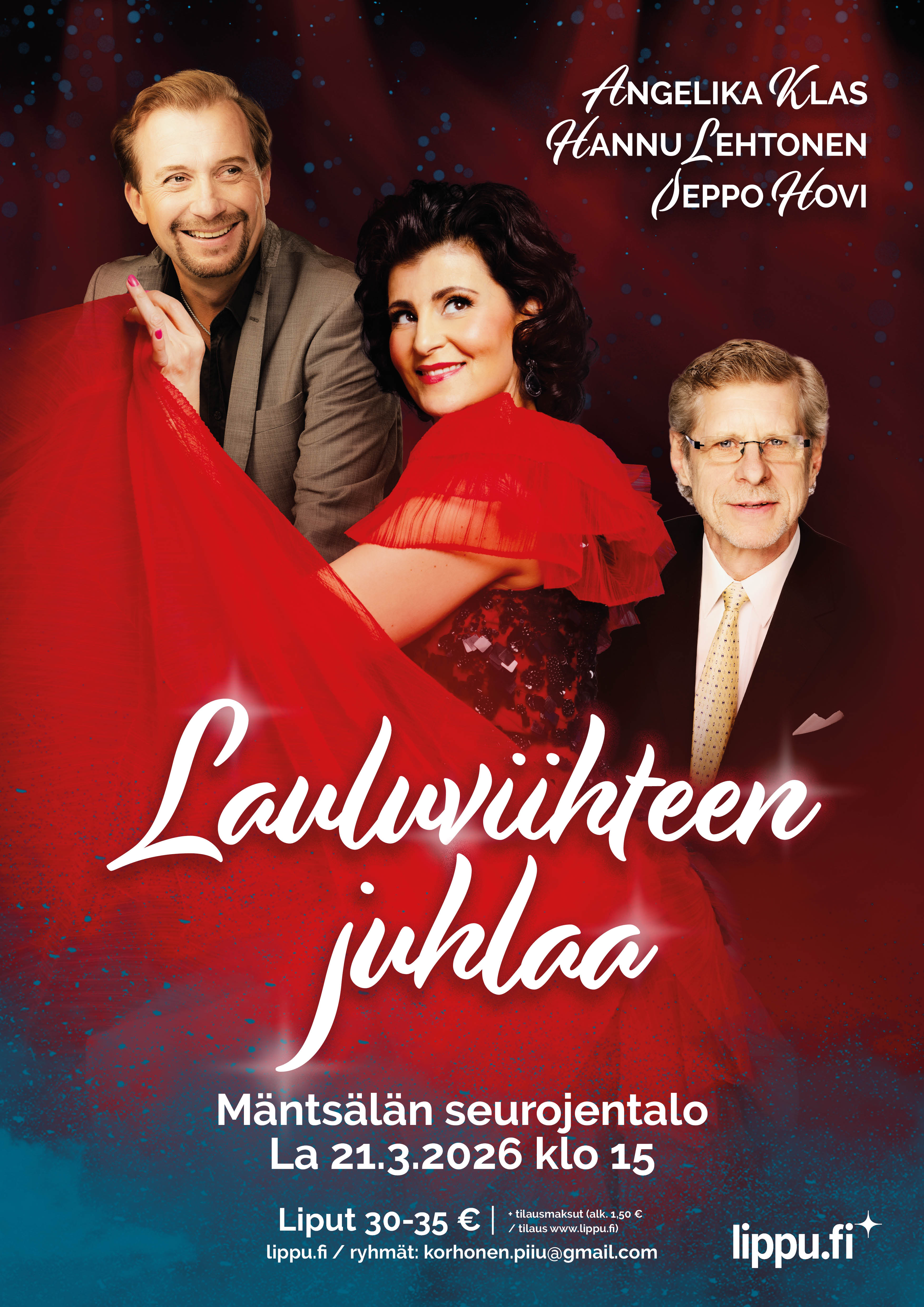 Loistavat taiteilijat Angelika Klas, Hannu Lehtonen ja Seppo Hovi tuovat Lauluviihteen juhlaa -konsertillaan iki-ihanat ja rakkaat laulut vuosikymmenten varrelta kuultavaksi Heinolan lukion saliin 16.4.2026 klo 18.00 alkaen. Liput ennakkoon: Lippu.fi ja ryhmät korhonen.piiu@gmail.com ja ovelta tuntia ennen konserttia.