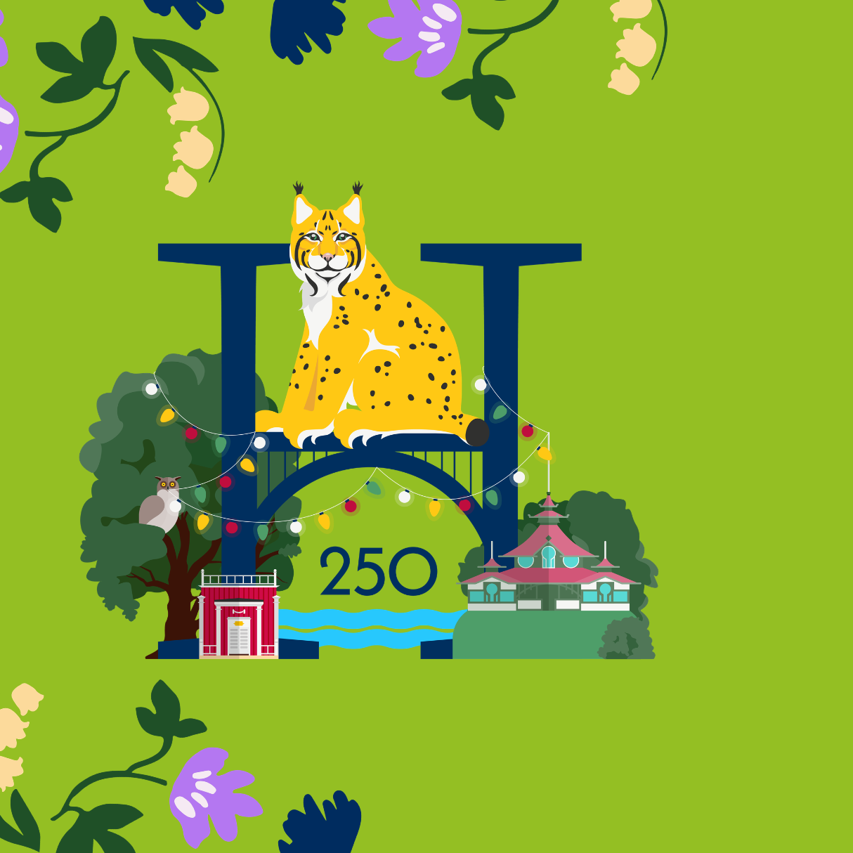 Heinolan 250 juhlavuoden kuva, jossa ilves ja Heinolan maamerkkejä.