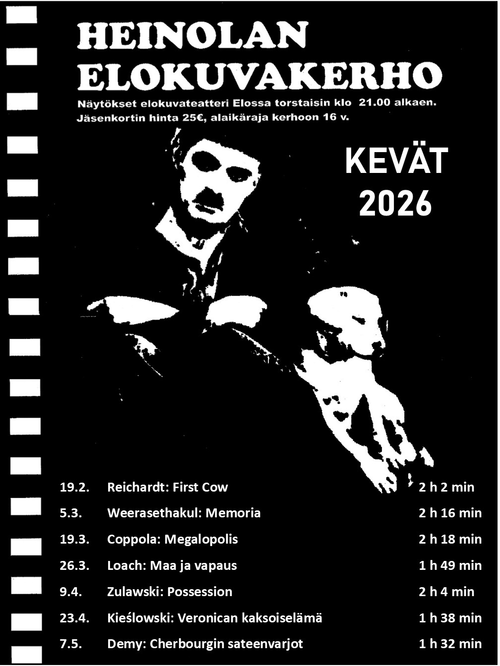 Juliste, jossa on kuva Chaplinin elokuvasta ja elokuvakerhon kevään elokuvat ja näytöspäivät