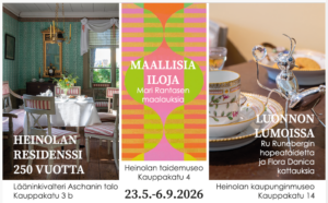 Kuvassa valokuvakollaasi, jossa näkyvät kesän 2026 museoiden eri näyttelyt Heinolassa