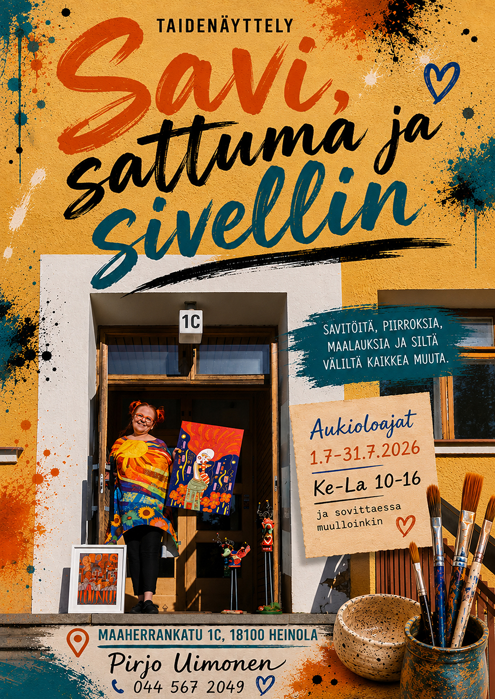"Savi, Sattuma Ja Sivellin " Taiteilija Pirjo Uimosen kesäinen, iloitteleva ja värikäs taidenäyttely aivan Heinolan keskustassa. Näyttelyssä esillä myös savi-ja betonitöitä naivistitaiteen rinnalla ja kaikkea kivaa muutakin. Tarjolla hyvä mieltä ja ilonpilkettä