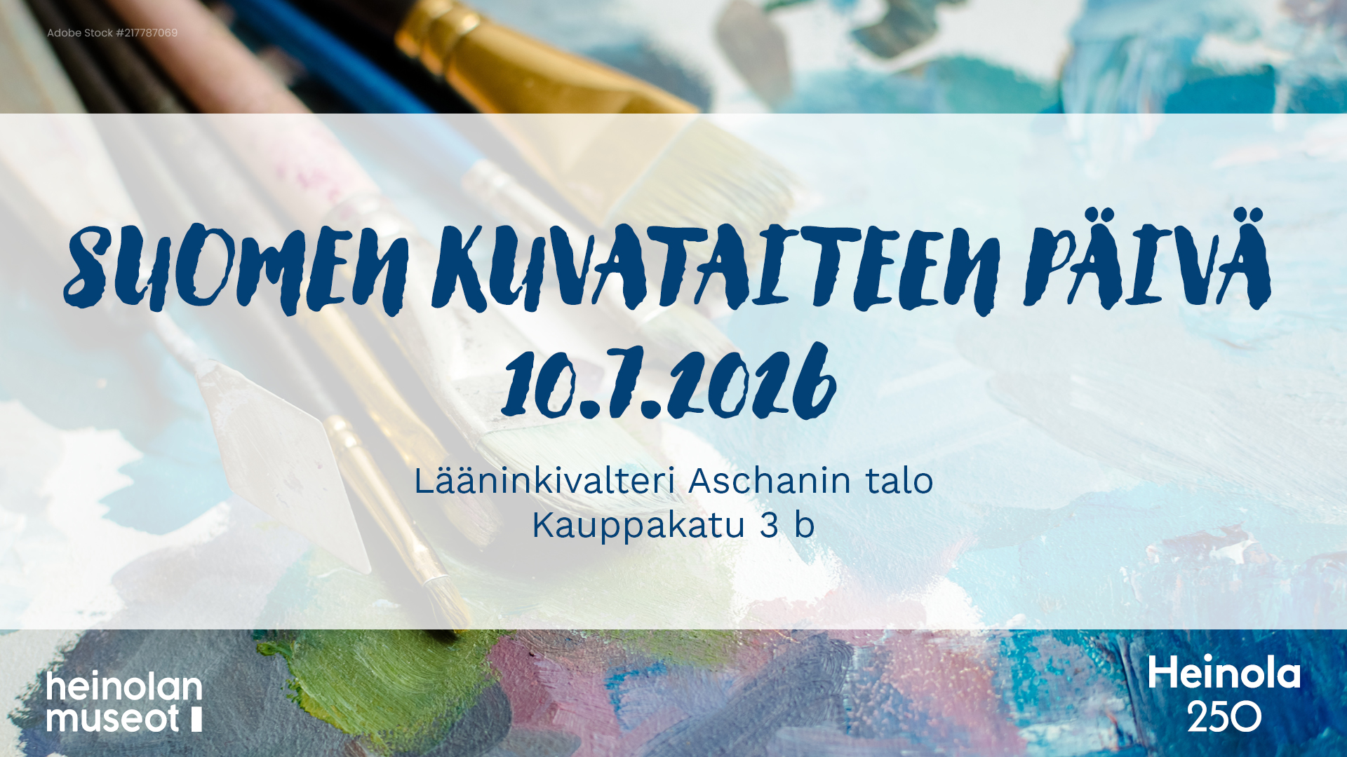 Kuvituskuva tapahtumainfoa varten. Kuvassa värikkäällä sinisellä taustalla teksti "Suomen kuvataiteen päivä 10.7.2026".