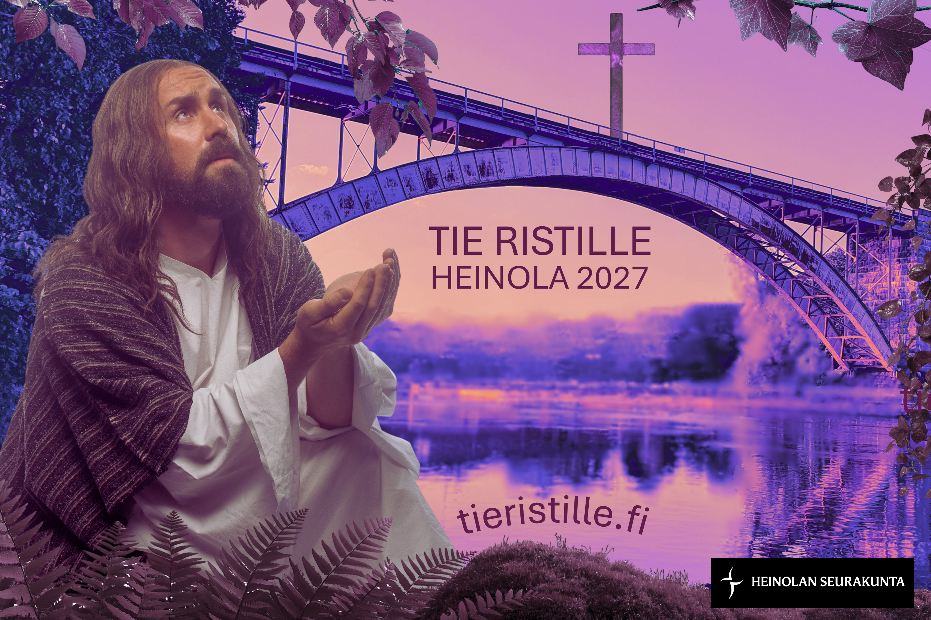 Kuvassa Jeesus rukoilee Getsemanessa, taustalle heijastuu Heinolan rautatiesilta, jonka päällä on risti.