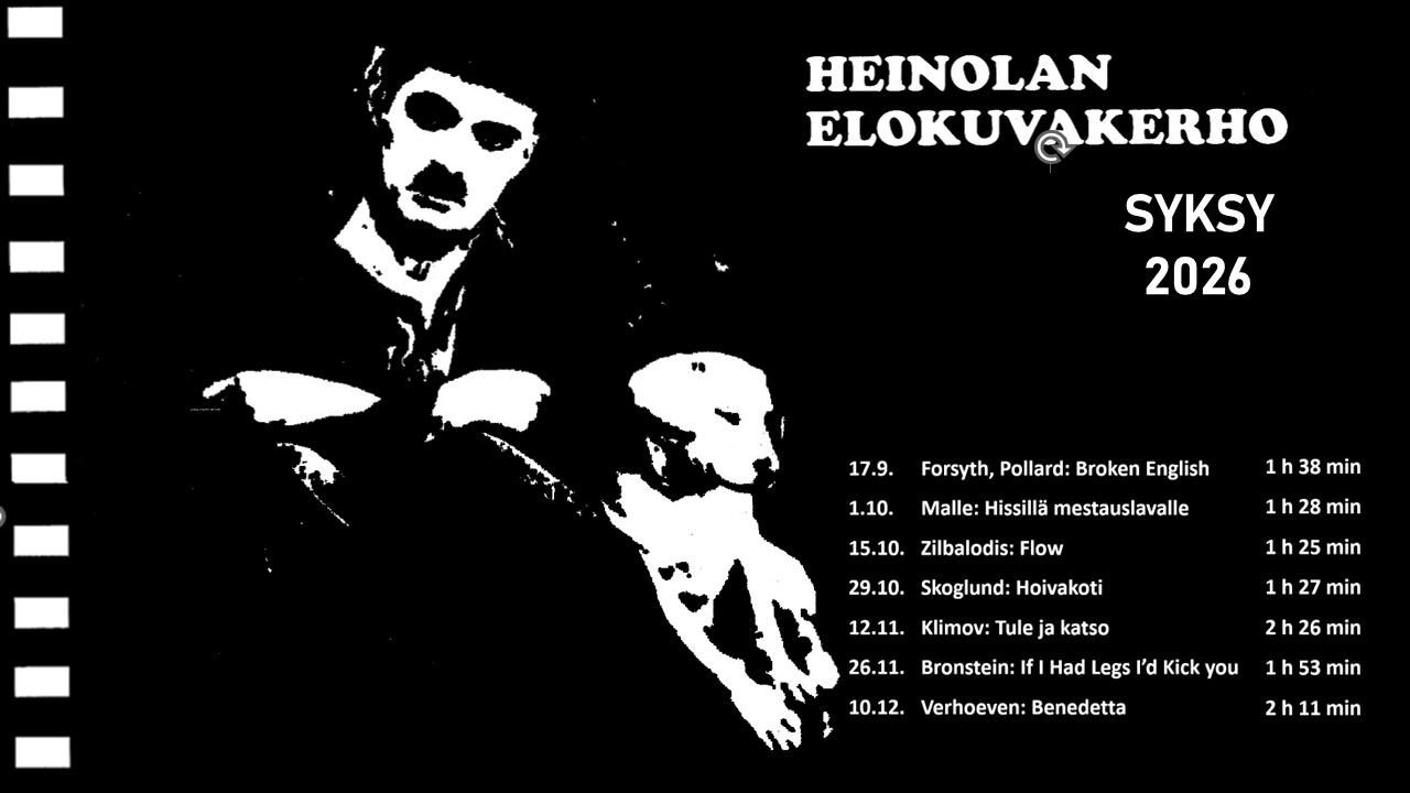 Kuvassa on Heinolan elokuvakerhon kauden ohjelma. Kuvana Chaplin ja koira.
